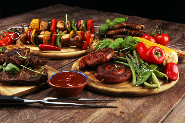 istock Assorted delicious grilled meat and skewer with vegetable on rustic table 1138237902