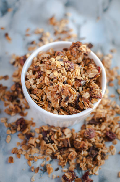 istock Homemade roasted granola on marble background, top view 1138238961