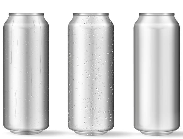 Realistic aluminum cans with water drops Realistic aluminum cans with water drops. Metallic cans for beer, soda, lemonade, juice, energy drink. Vector mockup, blank with copy space. can stock illustrations