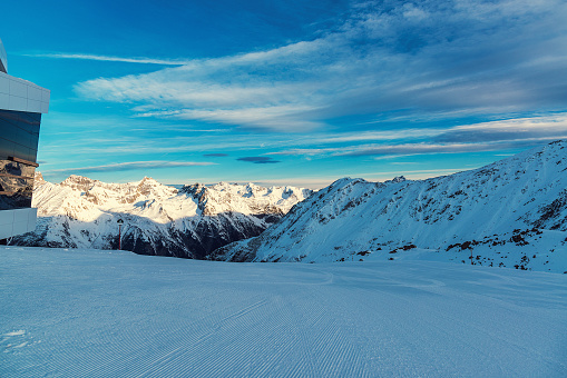 View of the Alpine mountains in the morning in the ski resort of Ischgl, Austria.