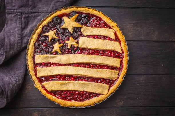 American flag berry pie, copy space. Independence Day of America concept.