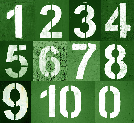 Numbers 0 to 10 in stencil on metal wall in green tone. Abstract background and texture for design.