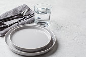 Empty plate and glass of water, white background. Medical fasting concept.