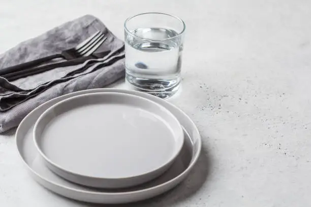 Empty plate and glass of water, white background, copy space. Medical fasting concept.