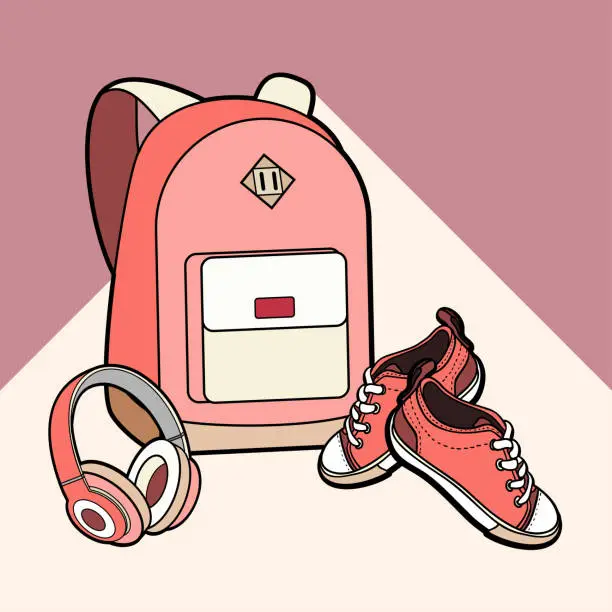 Vector illustration of Backpack, sneakers and headphones vector isolated set. Youth fashion hipster rucksack, shues illustration in minimalist style for logo, sign, poster, postcard, fashion booklet, flyer. Sport item logo.