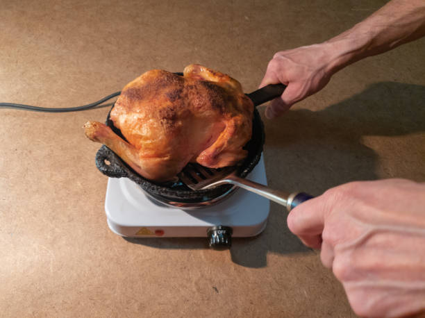 istock The man turns a fried chicken in a pan on a hotplate.Cooking Fried Chicken 1138247286