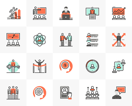 Flat line icons set of business leadership, employee training. Unique color flat design pictogram with outline elements. Premium quality vector graphics concept for web, logo, branding, infographics.