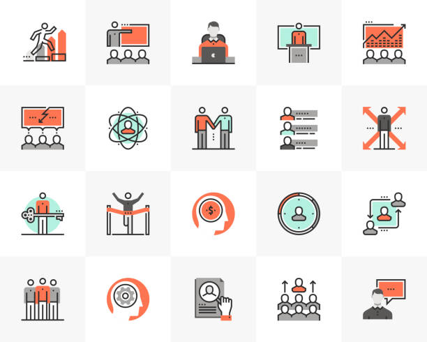 Business Training Futuro Next Icons Pack Flat line icons set of business leadership, employee training. Unique color flat design pictogram with outline elements. Premium quality vector graphics concept for web, logo, branding, infographics. all vocabulary stock illustrations