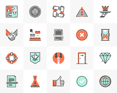 Flat line icons set of business metaphors and market concepts. Unique color flat design pictogram with outline elements. Premium quality vector graphics concept for web, logo, branding, infographics.