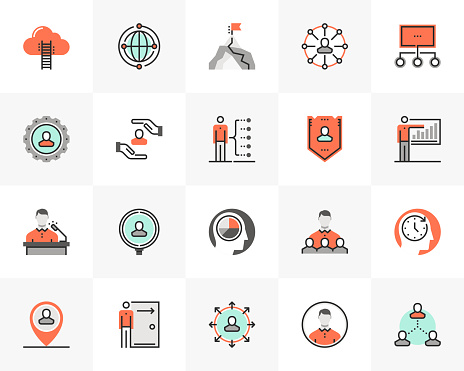 Flat line icons set of business company employee relationship. Unique color flat design pictogram with outline elements. Premium quality vector graphics concept for web, logo, branding, infographics.