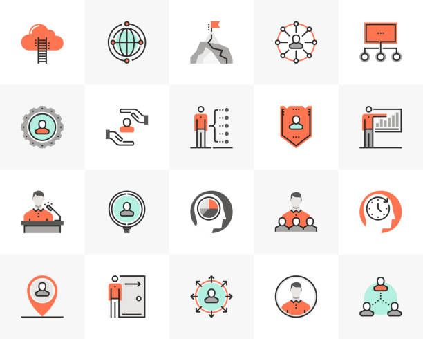 Business People Futuro Next Icons Pack Flat line icons set of business company employee relationship. Unique color flat design pictogram with outline elements. Premium quality vector graphics concept for web, logo, branding, infographics. retirement plan document stock illustrations