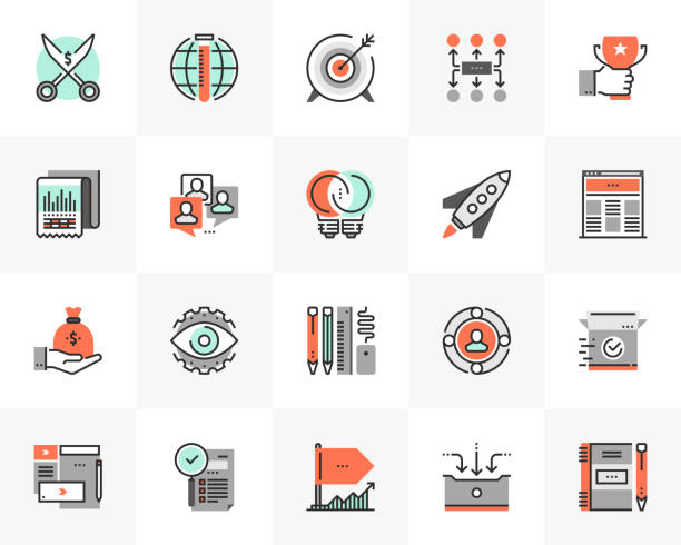 Startup Development Futuro Next Icons Pack Flat line icons set of startup business and launch new product. Unique color flat design pictogram with outline elements. Premium quality vector graphics concept for web, logo, branding, infographics. aspire logo stock illustrations