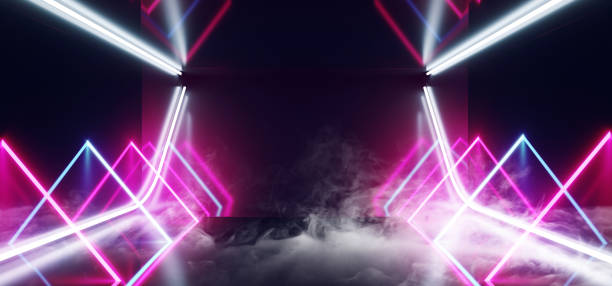 istock Smoke Hi Tech Neon Laser Tech Background Dark Reflective Room Glowing Purple Blue Vibrant Fluorescent Virtual Reality Empty Space Ship Corridor Tunnel Garage 3D Rendering 1138248703