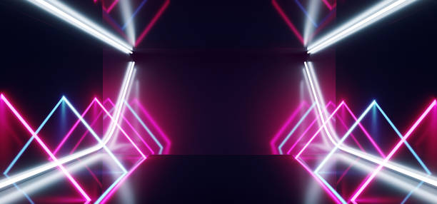 istock Hi Tech Neon Laser Tech Background Dark Reflective Room Glowing Purple Blue Vibrant Fluorescent Virtual Reality Empty Space Ship Corridor Tunnel Garage 3D Rendering 1138250418
