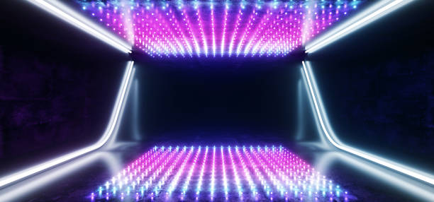 istock Hi Tech Dots Neon Laser Tech Background Dark Reflective Room Glowing Purple Blue Vibrant Fluorescent Virtual Reality Empty Space Ship Corridor Tunnel Garage 3D Rendering 1138250434