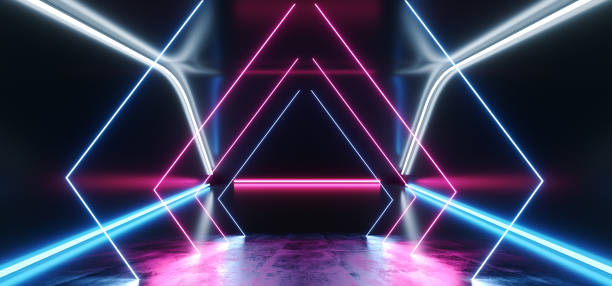istock Hi Tech Triangle Neon Laser Tech Background Dark Reflective Room Glowing Purple Blue Vibrant Fluorescent Virtual Reality Empty Space Ship Corridor Tunnel Garage 3D Rendering 1138250456