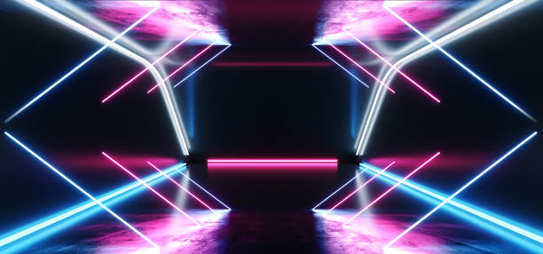 istock Hi Tech Lines Neon Laser Tech Background Dark Reflective Room Glowing Purple Blue Vibrant Fluorescent Virtual Reality Empty Space Ship Corridor Tunnel Garage 3D Rendering 1138250467