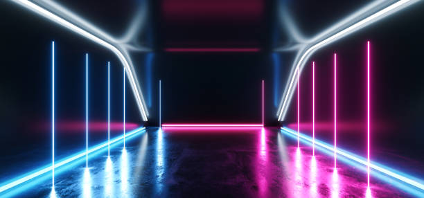 istock Hi Tech Lines Neon Laser Tech Background Dark Reflective Room Glowing Purple Blue Vibrant Fluorescent Virtual Reality Empty Space Ship Corridor Tunnel Garage 3D Rendering 1138250476
