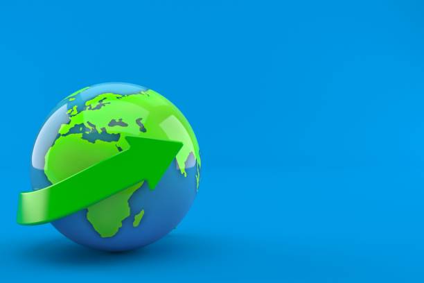 World globe with green arrow World globe with green arrow isolated on blue background. 3d illustration better world stock pictures, royalty-free photos & images