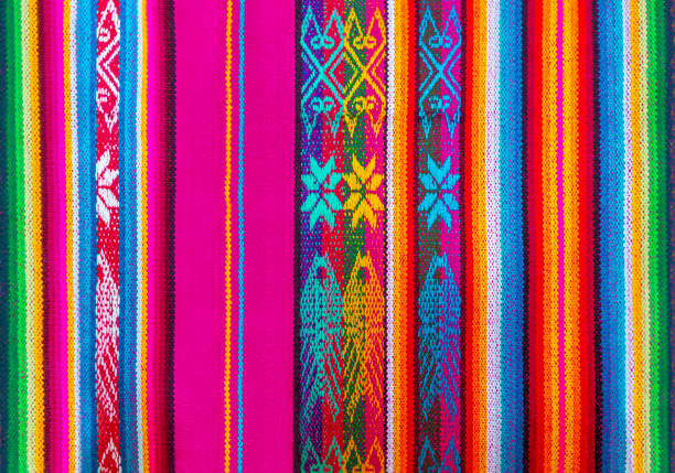 Colorful Indigenous Andes Textile, Cusco, Peru The colorful indigenous or Quechua textiles and fabrics traditional for the Andes mountain range can be found in Peru, Ecuador and Bolivia. Detail of one textile form the local art and craft market of Cusco, Peru. peruvian culture photos stock pictures, royalty-free photos & images