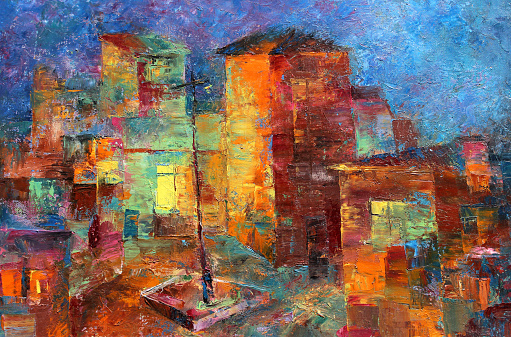Town landscape oil painting of colorful houses