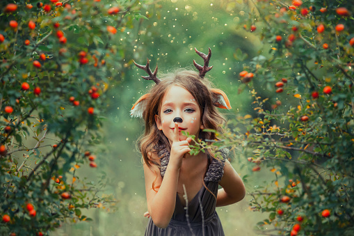 little fawn in a barberry dog rose grove, faun child plays hide-and-seek and holds a finger to lips, keeps a secret, a light brown dress with purple tint, fabulous makeup, homemade antlers, deer ears.