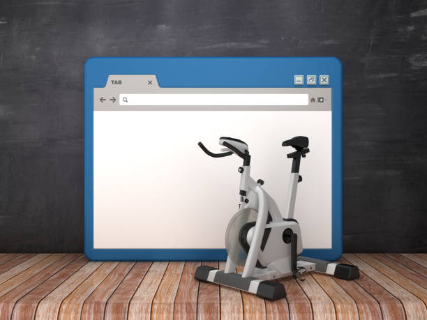 web-browser mit übungsrad auf chalkboard-hintergrund-3d-rendering - spinning classroom exercise bike cycling stock-fotos und bilder