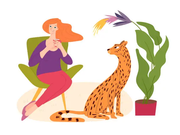 Vector illustration of Home jungle hygge illustration with a woman drinking a tea and a wild cat