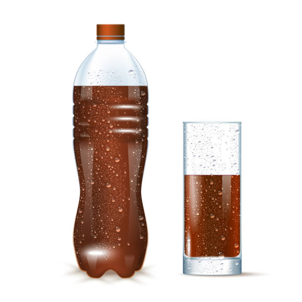 Cola Bottle And Glass Cola Plastic Bottle And Slightly Glass Isolated On White. 3d Photo Realistic Vector Illustration wet bottle stock illustrations