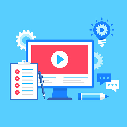 Video tutorials. Vector illustration. Webinar, online courses, online education concepts. Modern flat design. Computer with video on screen, checklist, pen, pencil, chat icon, light bulb with cog, gears etc.