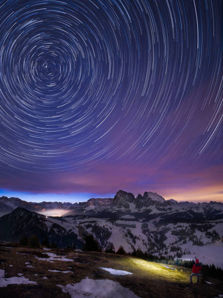 istock Single Hiker with headlight under starlit sky before sunrise in Mountain village Seiser Alm, Italy 1138263042