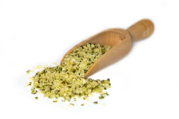 Closeup of hulled hemp seeds, a plant based source of omega-3 fatty acids, presented on a small wooden scoop