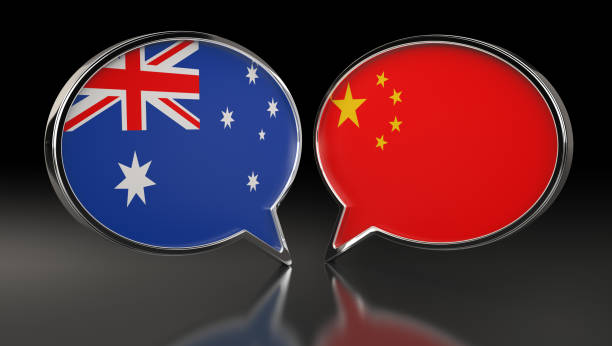 Australia and China flags with Speech Bubbles. 3D Illustration stock photo