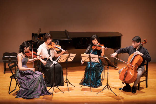 четыре музыканта играют на скрипке и виолончели на концерте классической музыки - violinist violin classical music classical concert стоковые фото и изображения