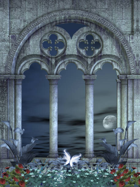 istock Three-mullioned balcony with a view to the full moon 1138274602