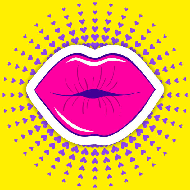 Cartoon style female lips on a colorful background. 80s-90s style vector illustration of a mouth with a smile.