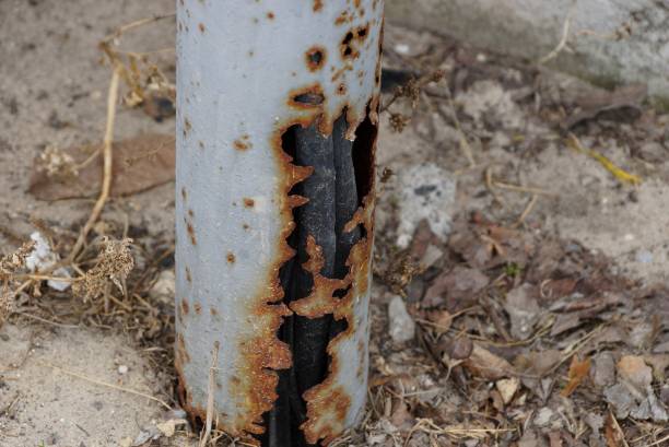 istock gray old rusty metal pipe with electric cable in the ground 1138278069