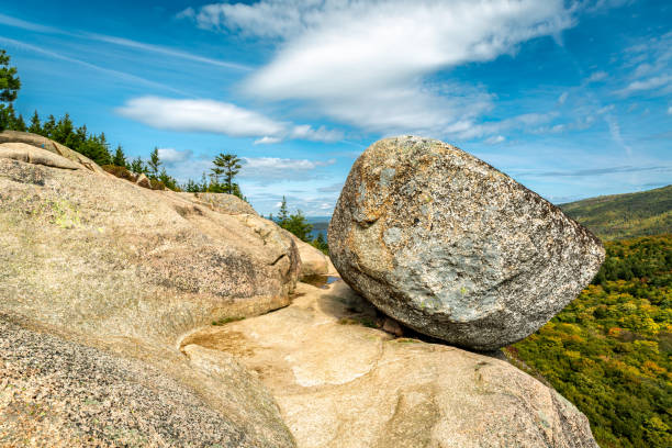 Bubble Rock on South Bubble Mountain in Acadia National Park, Maine, USA