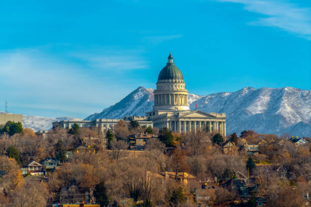 istock Utah State Capital Building with mountain and sky 1138279024