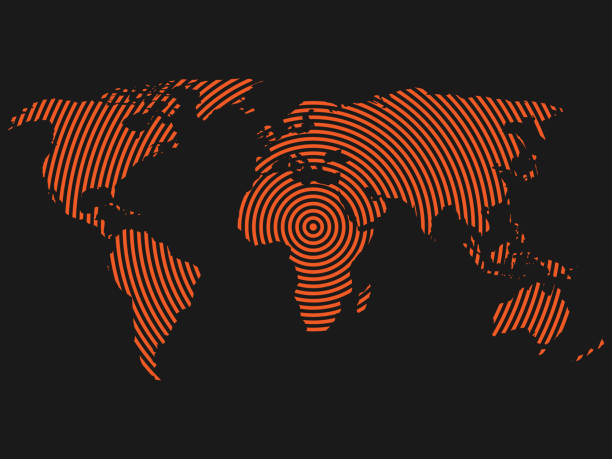 illustrazioni stock, clip art, cartoni animati e icone di tendenza di mappa del mondo di anelli concentrici arancioni su sfondo grigio scuro. concetto di onde radio di comunicazione in tutto il mondo sfondo vettoriale di design moderno - doppler effect