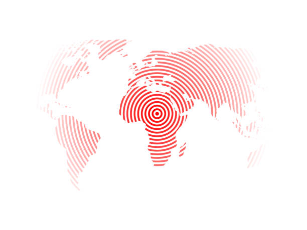 illustrazioni stock, clip art, cartoni animati e icone di tendenza di mappa del mondo degli anelli concentrici rossi su sfondo bianco. tema epicentro sisma. sfondo vettoriale di design moderno - doppler effect