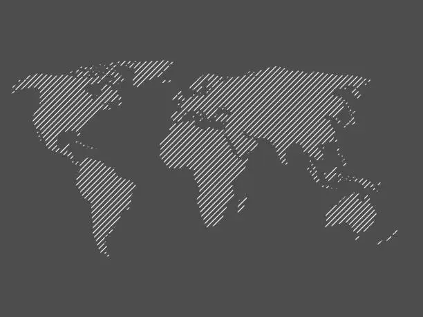 Vector illustration of Hatched map of world. Striped design vector illustration on grey background