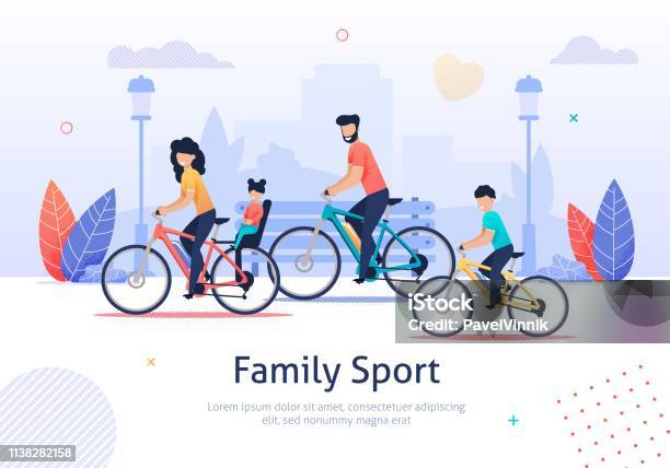 Family Sport Parents And Kids Riding Bicycles - Arte vetorial de stock e mais imagens de Ciclismo - Ciclismo, Família, Exercitar