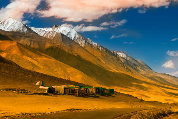 Mountains of Pangong lake. It is huge lake in Ladakh, altitude 4,350 m - 14,270 ft. It is 134 km long and extends from India to Tibet. Leh, Ladakh, Jammu and Kashmir, India