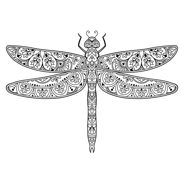 Dragonfly decorated with Indian ethnic floral vintage pattern. Hand drawn decorative insect in doodle style. Stylized mehndi ornament for tattoo, print, cover, book and coloring page. Dragonfly decorated with Indian ethnic floral vintage pattern. Hand drawn decorative insect in doodle style. Stylized mehndi ornament for tattoo, print, cover, book and coloring page. dragonfly tattoo stock illustrations