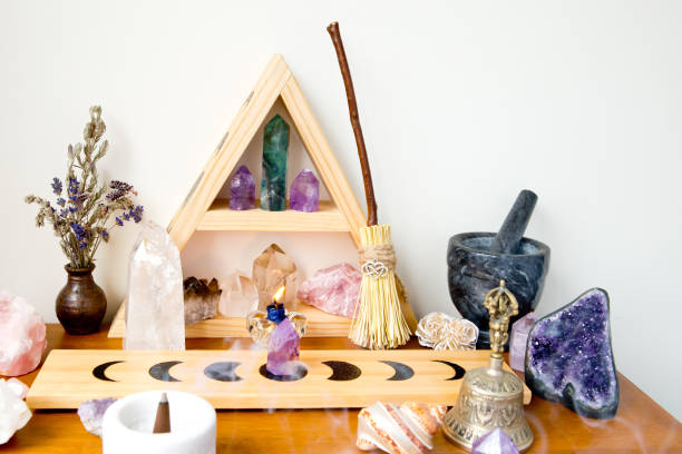 Altar Space - Witch, Wicca, New Age, Pagan with Moon Phase design Altar Space - Witch, Wicca, New Age, Pagan with Crystal Shelf and Altar tile with Moon Phase design, crystals, incense and candles crystal altar stock pictures, royalty-free photos & images