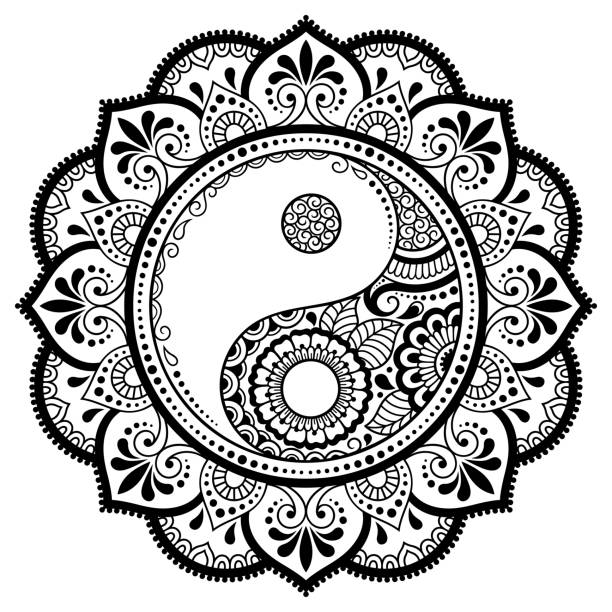 ilustrações de stock, clip art, desenhos animados e ícones de circular pattern in form of mandala for henna, mehndi, tattoo, decoration. decorative ornament in oriental style with yin-yang hand drawn symbol. coloring book page. - tao