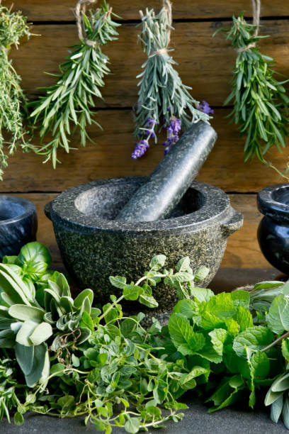 istock Fresh herbs with mortar and pestle against rustic wooden background 1138300272