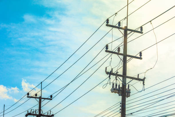istock Electricity concept. Close up high voltage power lines station. 1138302895