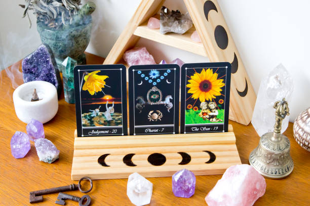 istock Tarot Cards on stand in Altar space with Moon phase design 1138310035